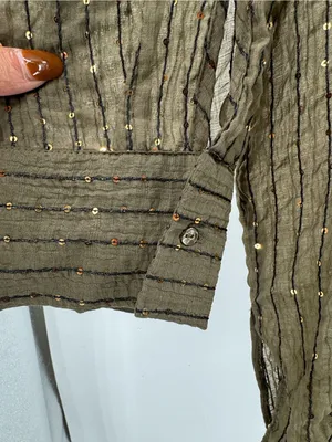 ZARA Woman's Sequin Oversized Tunic Top Shirt Olive Green M sheer casual coverup thumbnail 7