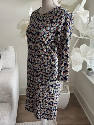J. McLaughlin Sophia Shift Dress In Navy And Orange Peacock Long Sleeve Dress M thumbnail 4