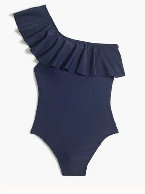 J.Crew Factory Navy Blue Ruffle One Shoulder‎ One Piece Swimsuit Size Medium thumbnail 1