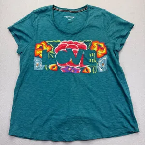 Soft Surroundings Love Embroidered Organic Cotton Tee Short Sleeve Teal L‎ NWOT thumbnail 1
