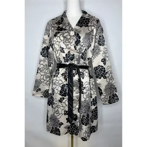 Just In Time Floral Trench Coat Cream Black Satin Duster Leather Belt Med thumbnail 3