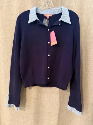THML NWT Navy Cardigan Sweater with Striped Collar & Cuffs | S thumbnail 1