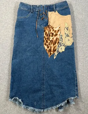 Y2k Patchwork Animal Print Midi Denim Skirt 27 Lace Up Cut Off Made in Italy thumbnail 1