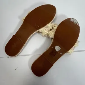 Woven Straw Slide Sandals Beige Fringe Pom Pom Trim‎ Flat Beach Size 10 thumbnail 7