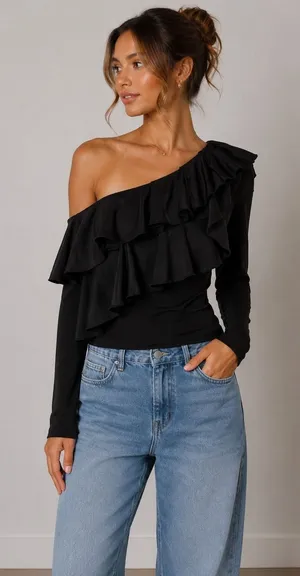 Alice Olivia Black One Shoulder Ruffle Party Going Out Crop‎ Top 6 thumbnail 1