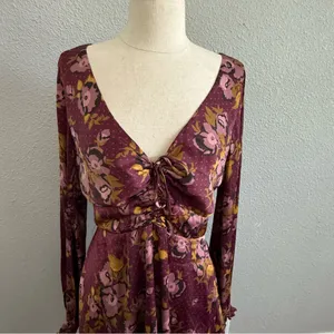 Free People Purple Gold Morning Floral Mini‎ Dress Size 12 Boho thumbnail 4