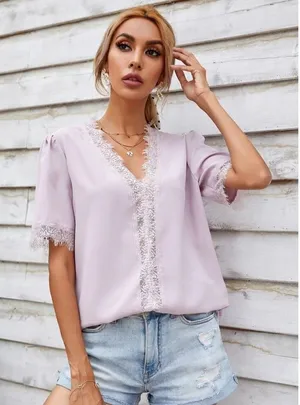 Womens Shein Muted Lilac Lace Contrast Puff Sleeve Blouse Top - Sz S thumbnail 1