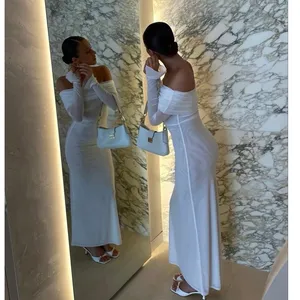 MESHKI Ivory White Josie Off Shoulder Mesh Fold Over Neckline Maxi Dress sz L thumbnail 6
