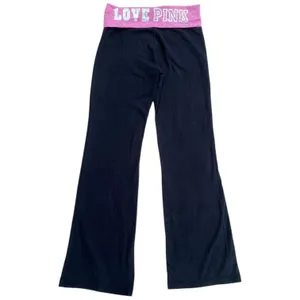 Y2K VS PINK M Foldover Black Flare Leggings Pink Silver Logo Low Rise Vtg thumbnail 14