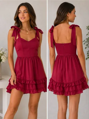 Lucy in the Sky Burgundy Wine Tie Strap Ruffle Mini Dress M Wedding Guest Party thumbnail 2