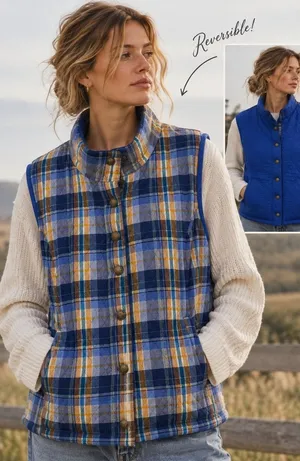 Quilted Reversible Vest Womens L Blue Plaid Grandmacore Eclectic Country Vintage thumbnail 1