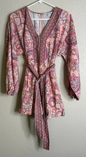 Venus 2 Romper Pink Paisley Long Sleeve V Neck Tie Waist Boho Shorts Linen Blend thumbnail 1