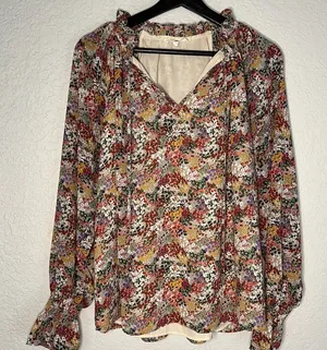 Entro Long Sleeve Top Blouse Fall Garden Ditsy Floral Feminine Tie Ruffle Collar thumbnail 1