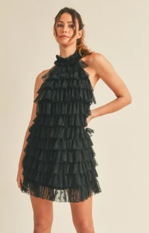 Floral print lace high neck halter ruffle tiered frill mini dress thumbnail 1