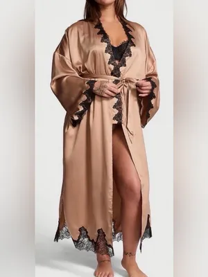 Victoria’s Secret Satin & Rose Lace Open-Back Long Robe Tan thumbnail 5