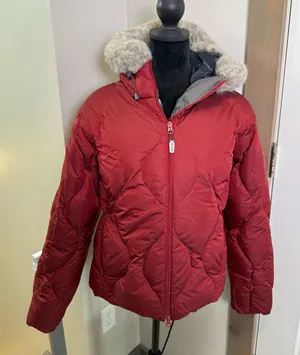Salomon Women's Down Filled Quilted Winter Coat Jacket Faux Fur Trim Hood‎ Red M thumbnail 1