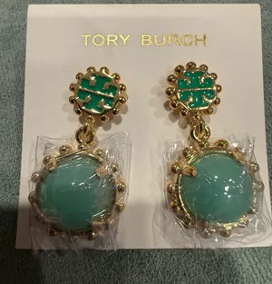 Tory Burch | Gold-Plated and Green Drop Logo Earrings thumbnail 1