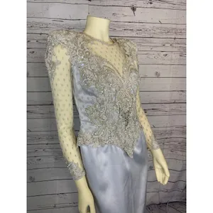 1990s Vintage Ice Blue Beaded Formal Gown Sheer Lace Bodice Custom S-M thumbnail 6