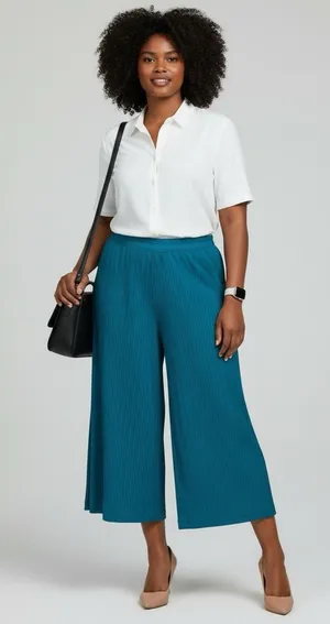 Modern Works Women's Plus Elastic Waist Pull-on Teal Crinkle Wide Leg Trouser 1X thumbnail 1
