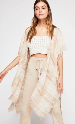 Free People River Bend Fringe Raw Hem Kimono Duster Cover up in Natural thumbnail 1