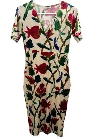 Zara‎ Trafaluc Floral Velvet V-Neck Midi Dress Cream Red Green Pinup Retro thumbnail 1