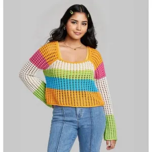 Wild‎ Fable Square Neck Pointelle Pullover Sweater Bright Striped Size XXS thumbnail 3