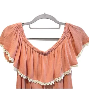 Papaya Watermelon Peach Top Boho Ruffle‎ Off Shoulder Lace Trim Womens S thumbnail 3