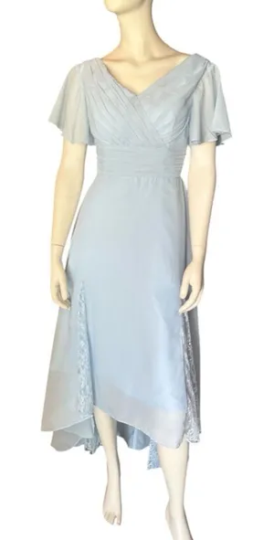 Chiffon V-Neck High-Low Midi Dress with Ruched Bodice & Lace Accents Blue Size 8 thumbnail 1