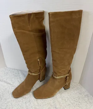 Sanctuary Electric Acorn Brown Suede Tall Boots Square Toe Gold Chain 8.5M NEW‎ thumbnail 1