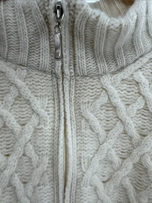 Aran Crafts Cream Cable-Texture Turtleneck zip up cropped cardigan 100% wool M thumbnail 7