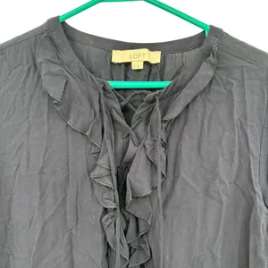 Loft size small long sleeve blouse dark blue ruffle and‎ lace up neckline thumbnail 3