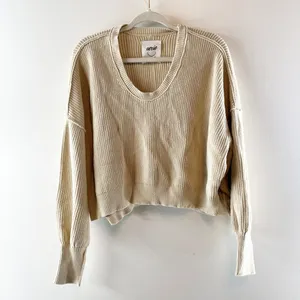 Aerie Beyond Ribbed Long Sleeve Cropped Scoopneck Sweater Tan Beige Medium thumbnail 2