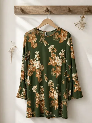 Olive Green Floral Bell-Sleeve Mini Dress thumbnail 3