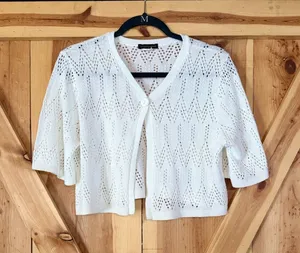 Vtg 90s Y2K Cream Crochet Knit Pointelle Cropped Cardigan Sweater Shrug Med thumbnail 1
