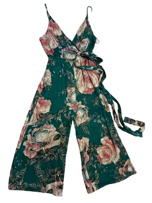 Free People Teal Floral Wrap Jumpsuit with Tie Waist thumbnail 1