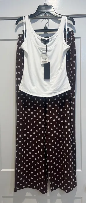 Polka Dot Wide-Leg linen blend Pants with off White Tank size medium. thumbnail 1