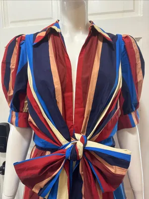 Farm Rio Stripped Multicolor Winter Stripes Short Sleeve Midi Dress Sz Medium thumbnail 5