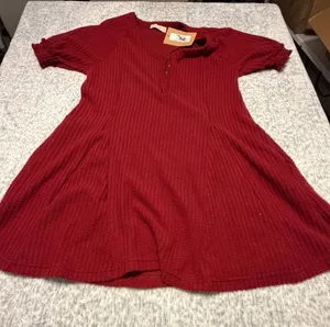 New In Small Red Waffle Knit V Neck Short Sleeve Button Detail Dress thumbnail 1
