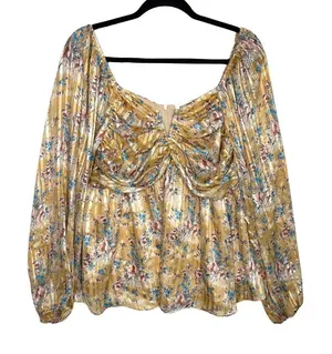 Mittoshop Gold Floral Boho Festival babydoll Long sleeve top Large‎ Metallic thumbnail 1