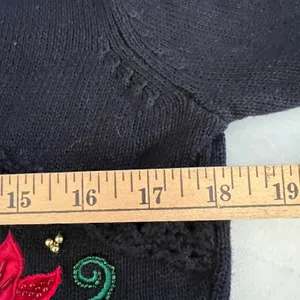 Black Poinsettia Embroidered‎ Long Sleeve V Neck Ugly Christmas Sweater Women thumbnail 4