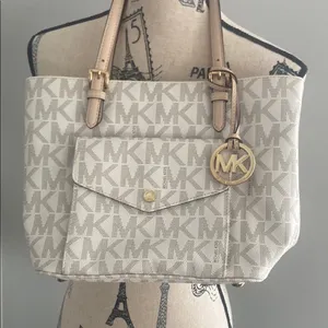 Michael Kors Cream Tote Bag with Signature Monogram thumbnail 1