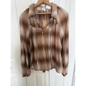 Blu Pepper Pullover Collared Top Faux Button Front Brown Plaid Size S thumbnail 2
