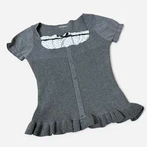 Hyperbees Ribbed Peplum Dark Academia Top Polka‎ Dot Ruffle Bow Square Neck S thumbnail 1