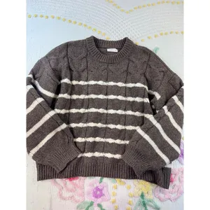 LC Lauren Conrad Brown Cream Striped Cable Knit Sweater‎ XXL Pullover Crew Neck thumbnail 2