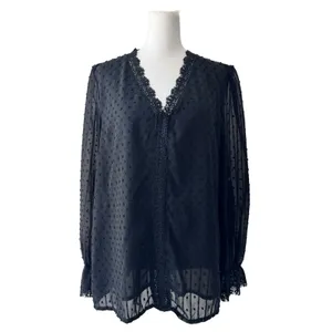 Black Semi-Sheer Swiss Dot V-Neck Relaxed Fit Long Sleeve Blouse thumbnail 2