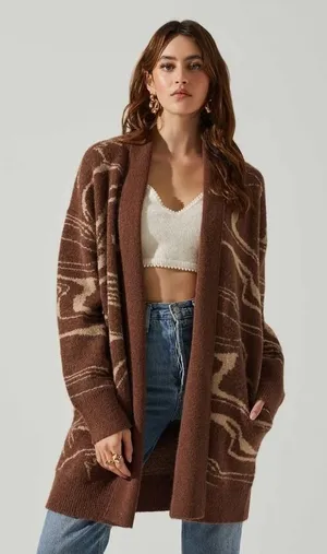 ASTR The Label Vada Cardigan Brown Swirl Longline Wool‎ Blend Large thumbnail 1