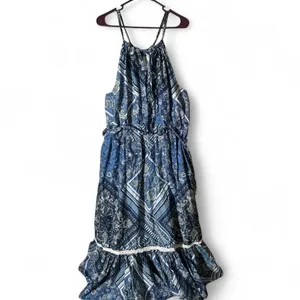 Blue Paisley Cotton Maxi Dress Halter Neck Tiered‎ Boho Sun Dress Women Large thumbnail 2