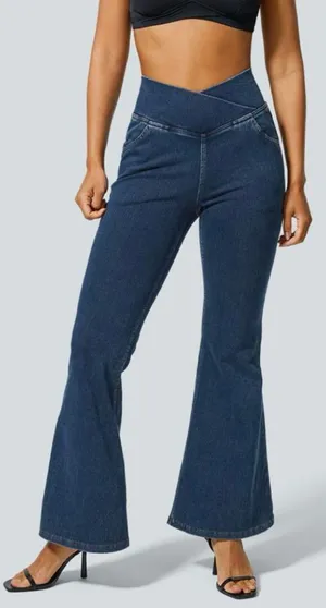 NWT Halara Flex High-Waisted Crossover Pocket Washed Stretchy Flare Jeans thumbnail 1