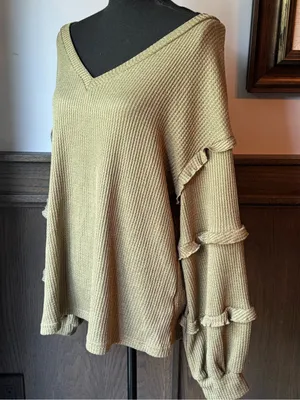 BTFBM Ruffled Sleeve V-Neck Knit Top — Olive large thumbnail 6