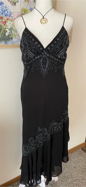 Dressbarn Vintage 90s Y2K Asymmetrical Beaded Ruffle Slip Midi Dress Size US 8 thumbnail 1